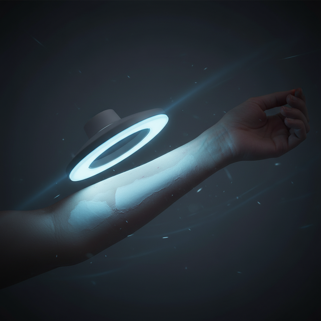 Healing skin under pale blue PEMF glow