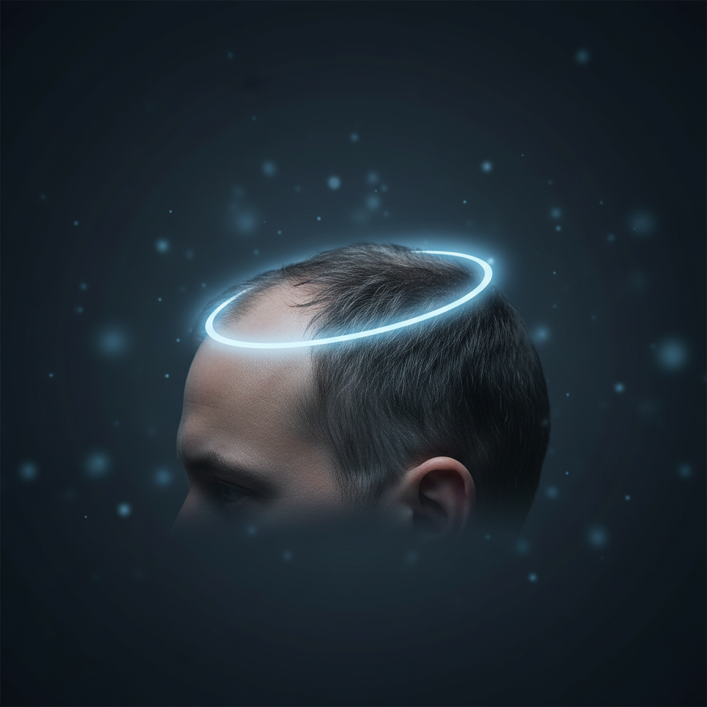 Scalp with pale blue PEMF therapy glow