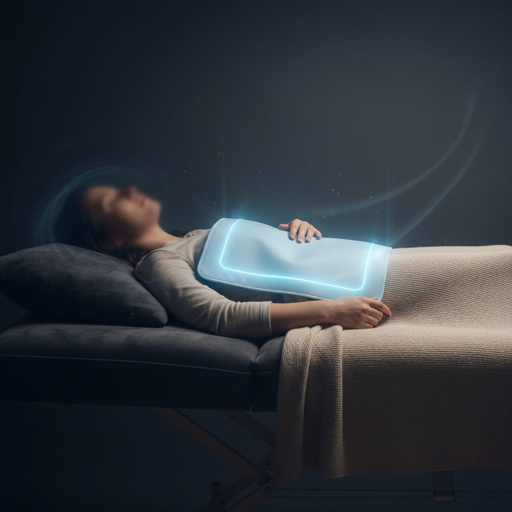 Person resting calmly with pale blue PEMF mat