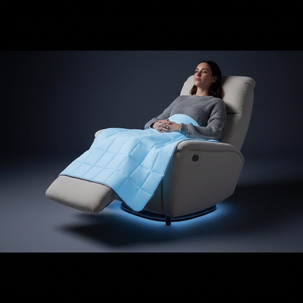 Person seated comfortably with a PEMF therapy mat
