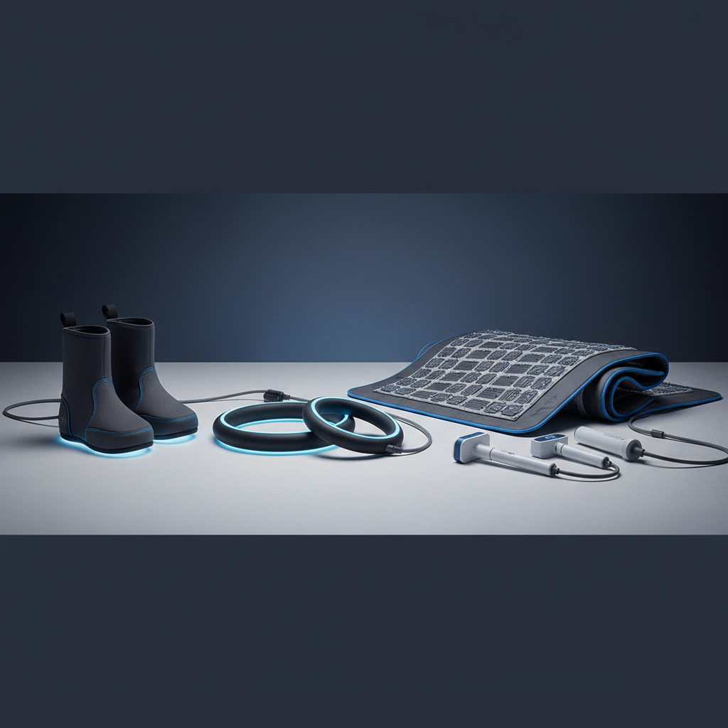 Collection of PEMF accessories on a clean surface