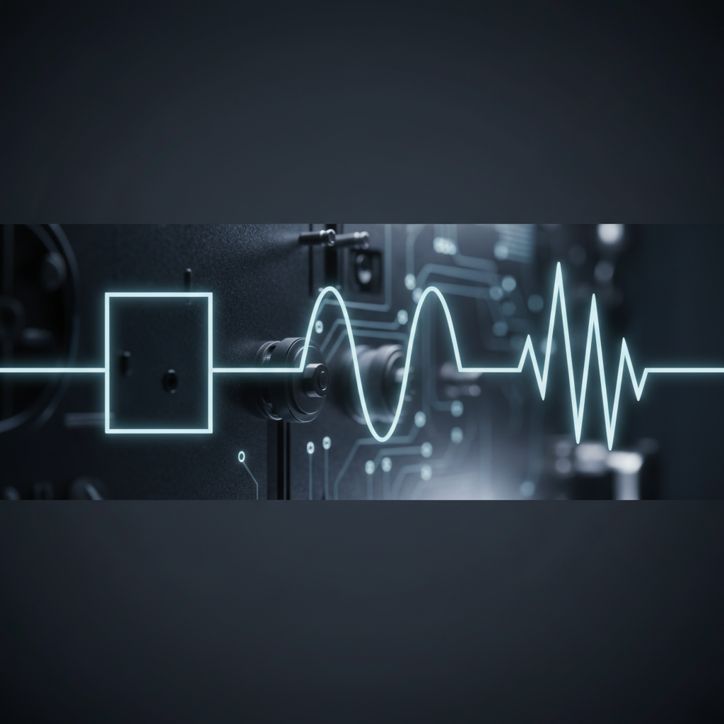 Three pale blue waveforms — square, sinusoidal, sawtooth